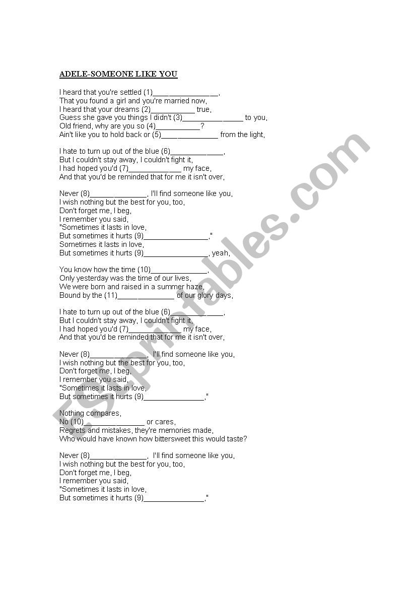 Someone Like You Song Esl Worksheet By Nani26