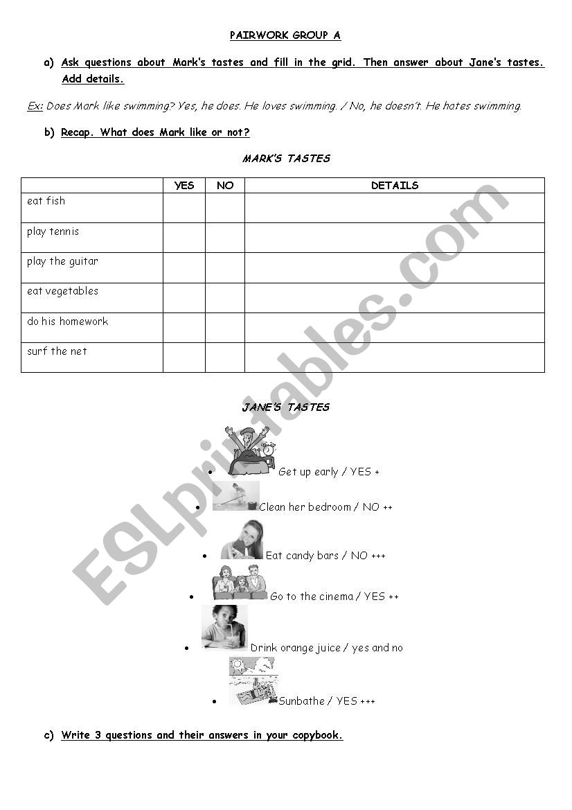 LIKES DISLIKES pairwork worksheet