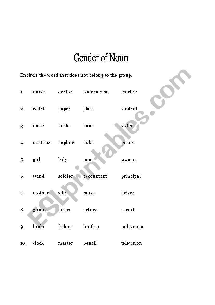 Gender of Noun worksheet