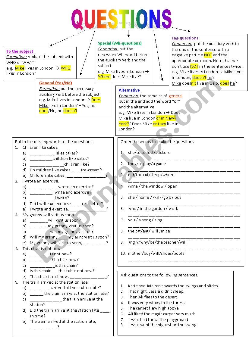 types of questions  worksheet