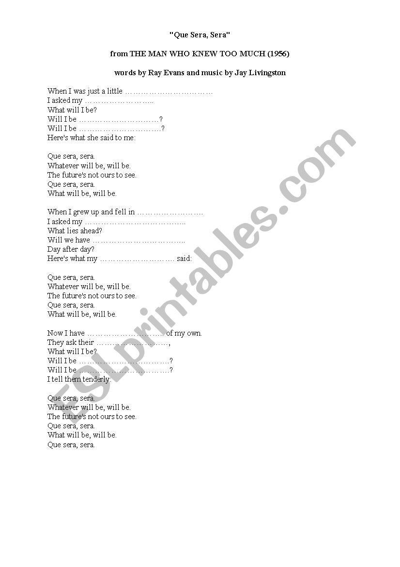 que sera  a song worksheet