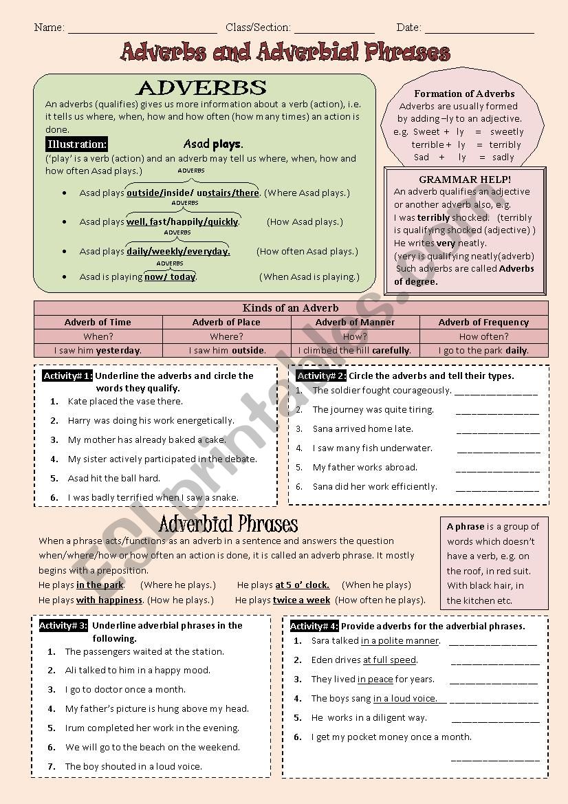 Adverbs And Adverb Phrases ESL Worksheet By Jasmine Khan