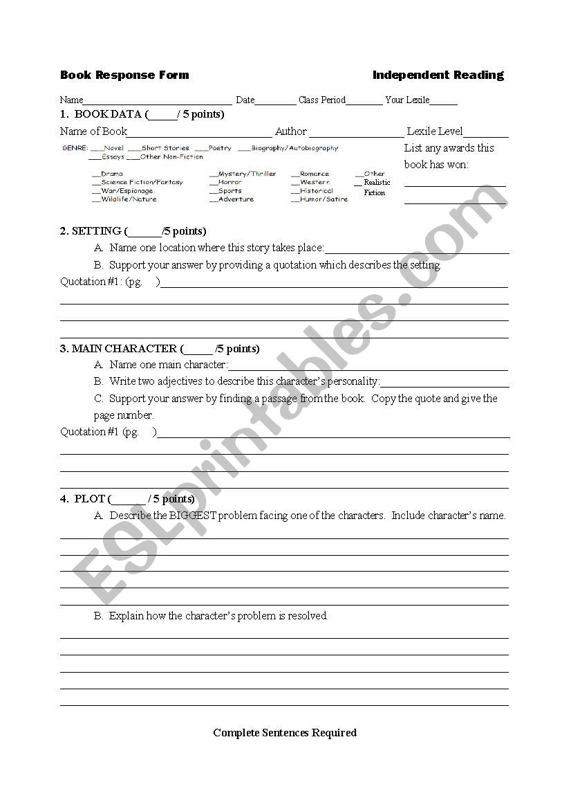 Book Response Form worksheet