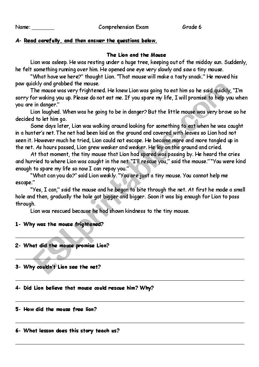 The Lion and The Mouse worksheet