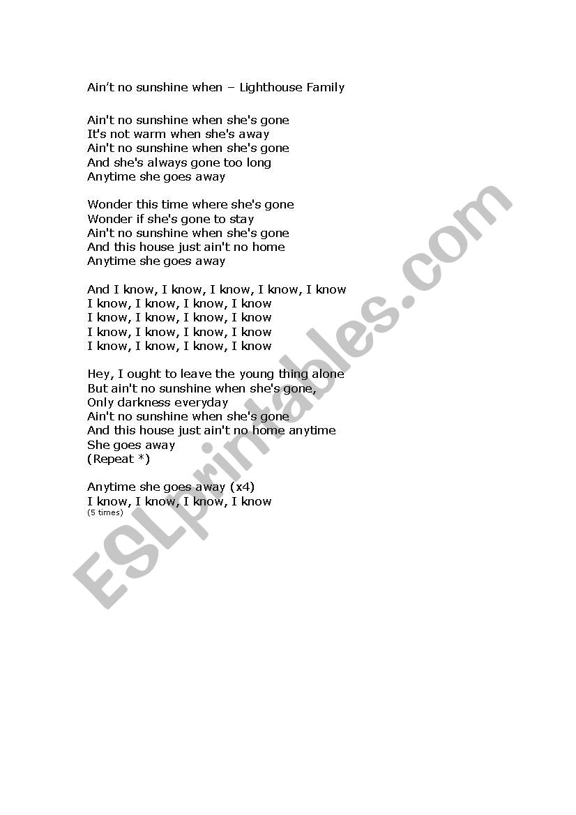 Song-Aint no sunshine worksheet