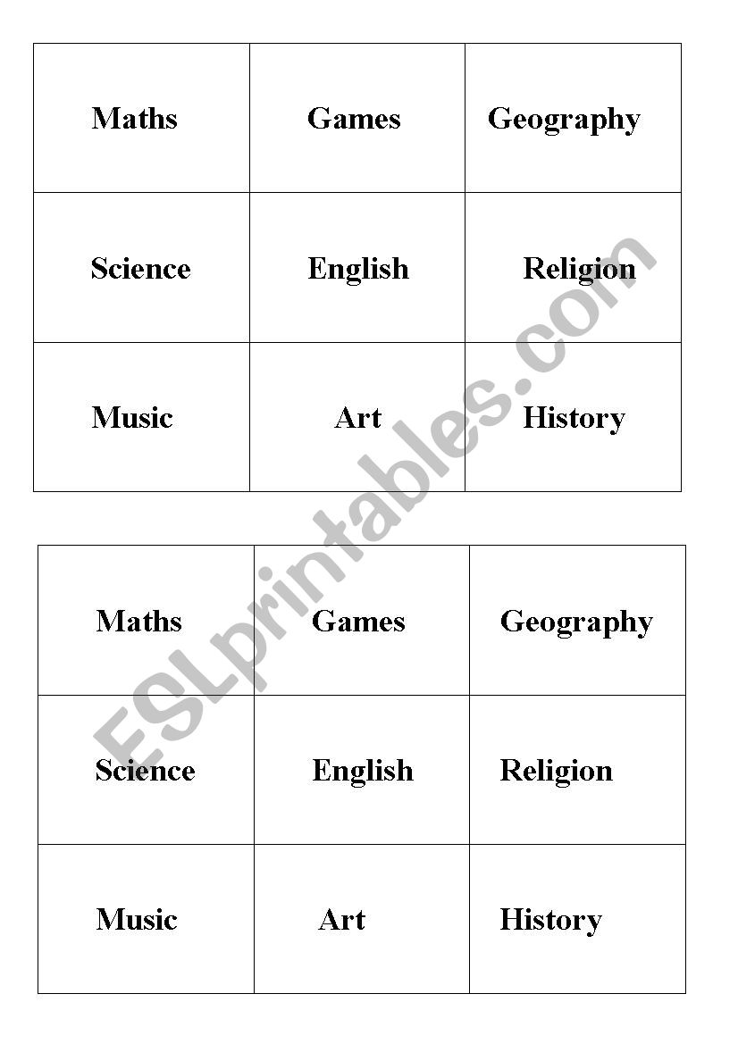 Bingo - school subjects worksheet