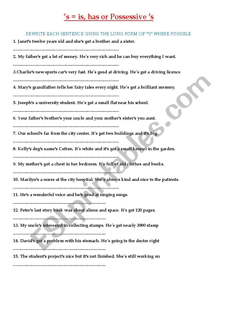 s = is, has or Possessive s worksheet