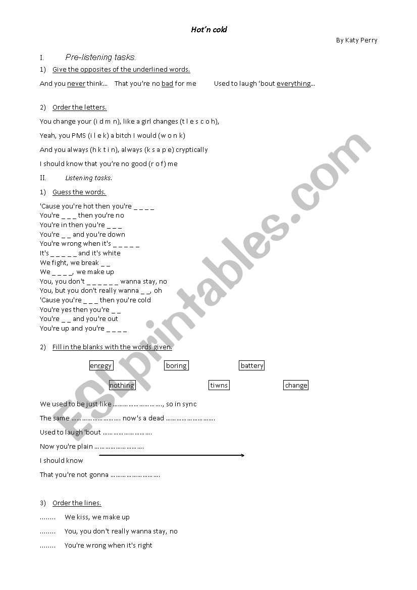 Hotn cold worksheet