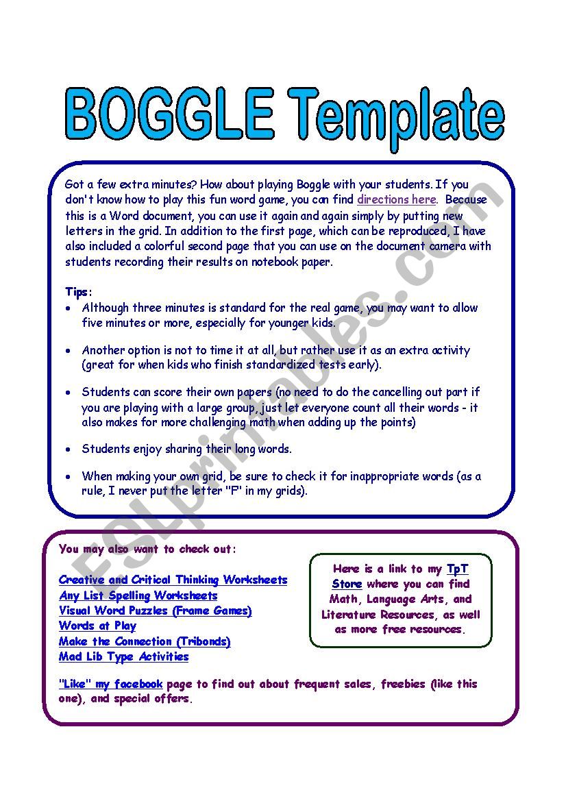 Boggle Word Game worksheet