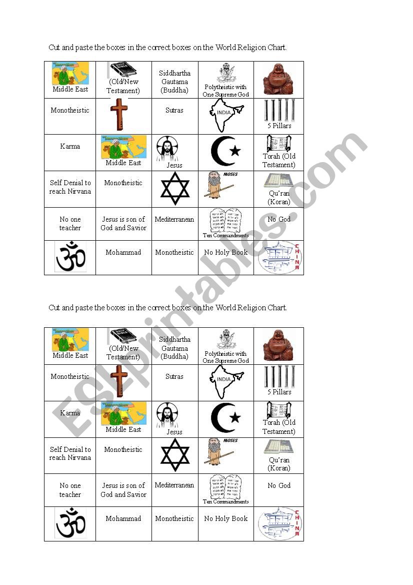 World Religions Cut and Paste worksheet