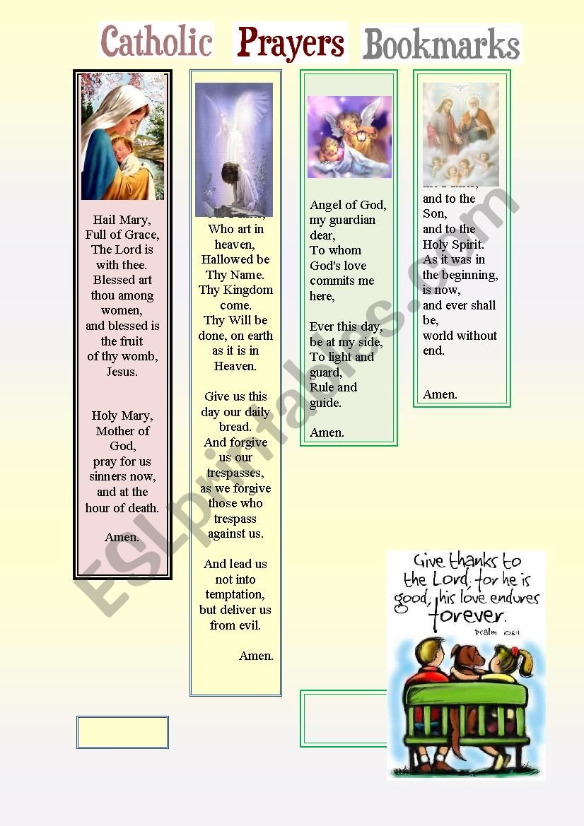 Catholic Prayers Bookmarks worksheet