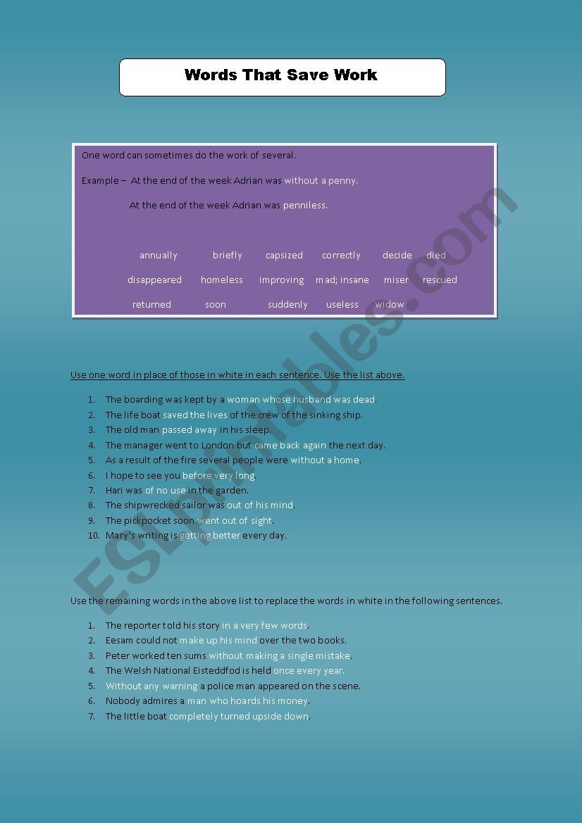 words that save work  worksheet