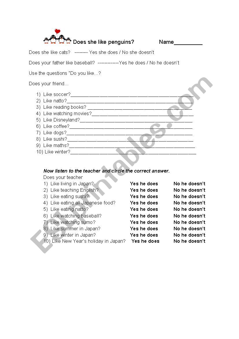 3rd person Does he like...? worksheet
