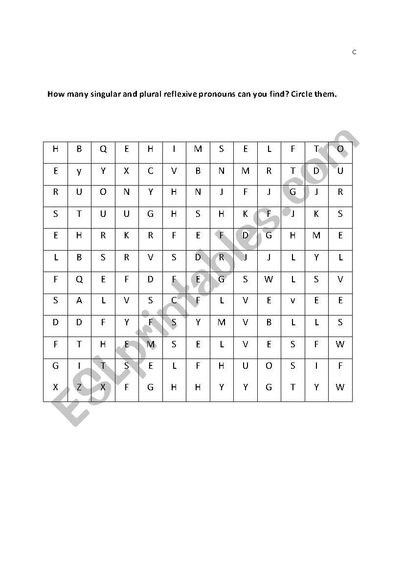 Reflexive Pronouns wordsearch worksheet