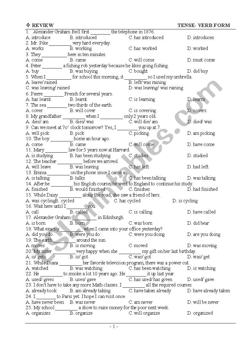 TENSES+ VERB FORMS (MULTIPLE CHOICE)