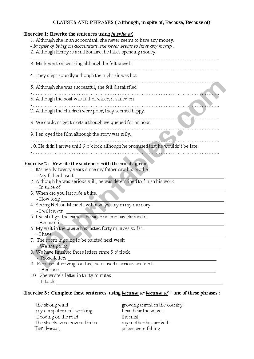 CLAUSES AND PHRASES worksheet
