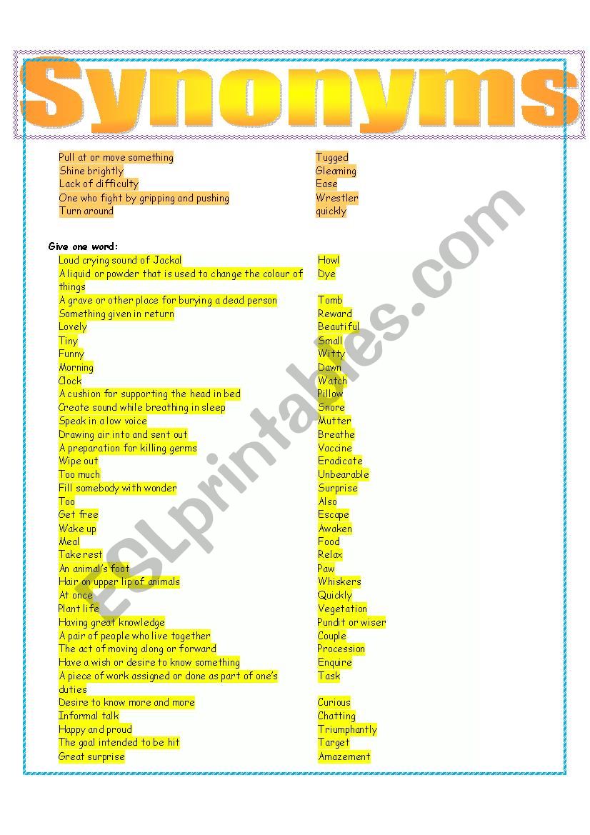 SYNONYMS worksheet