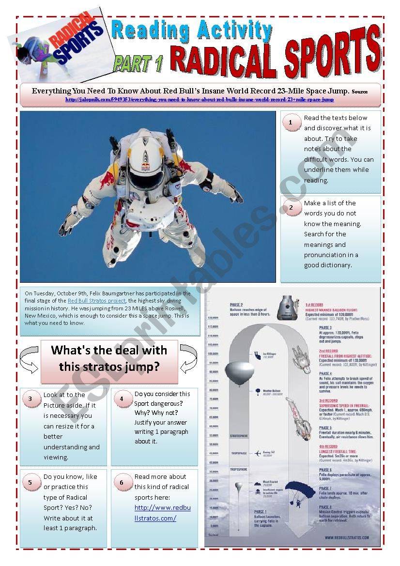 RADICAL SPORTS - (3 pages) Part 1 of 3 - Reading activity about SPACE JUMP RED BULLs STRATOS with 16 exercises 