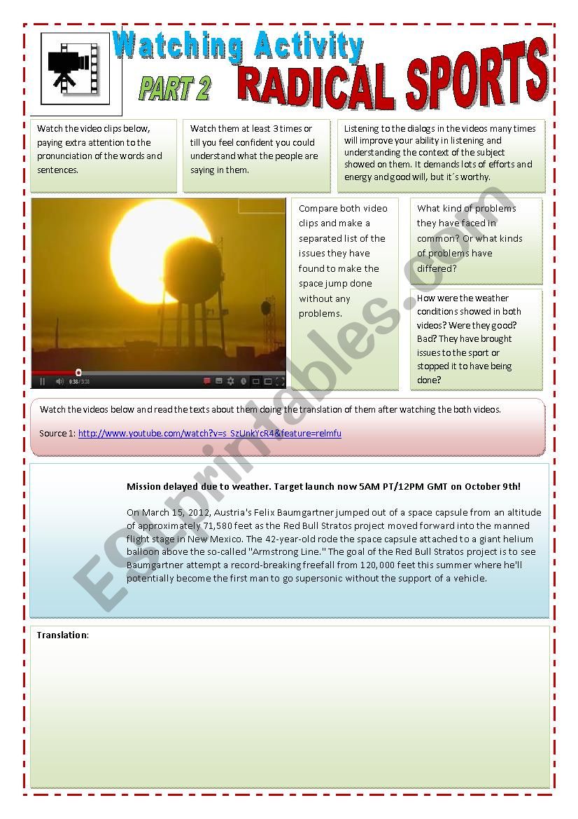 RADICAL SPORTS - (4 pages) Part 2 of 3 - Reading activity about SPACE JUMP RED BULLs STRATOS with 16 exercises 