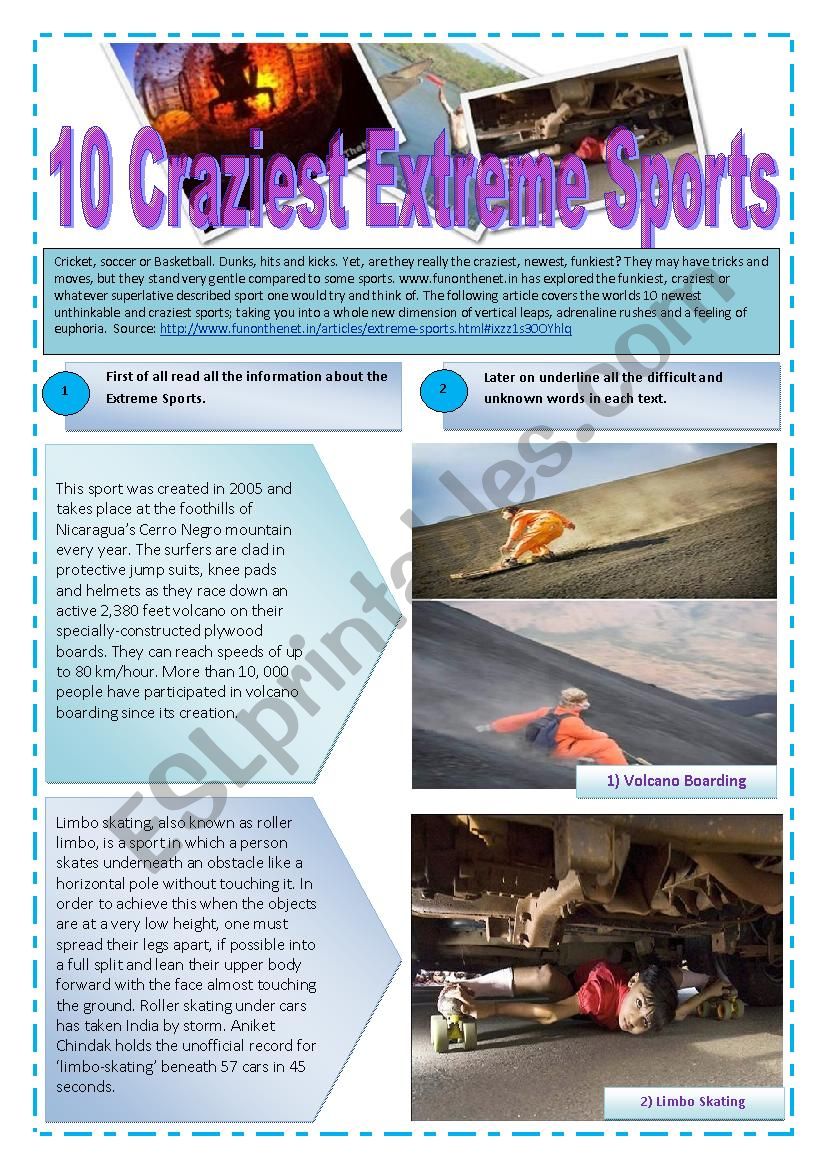 RADICAL SPORTS - (10 pages) Part  3 of  3 - Reading activity about 10 Craziest Extreme sports with 20 Exercises and texts for reading and comprehension