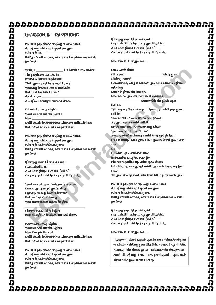 Maroon 5 - Payphone worksheet