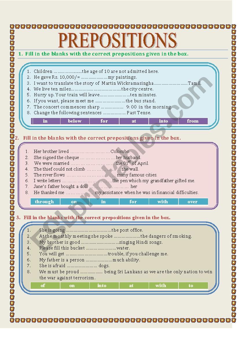 Activity on Preposition worksheet