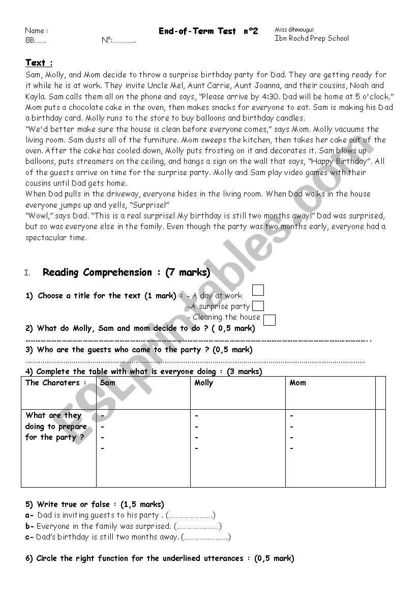 End of term test for 8th form worksheet