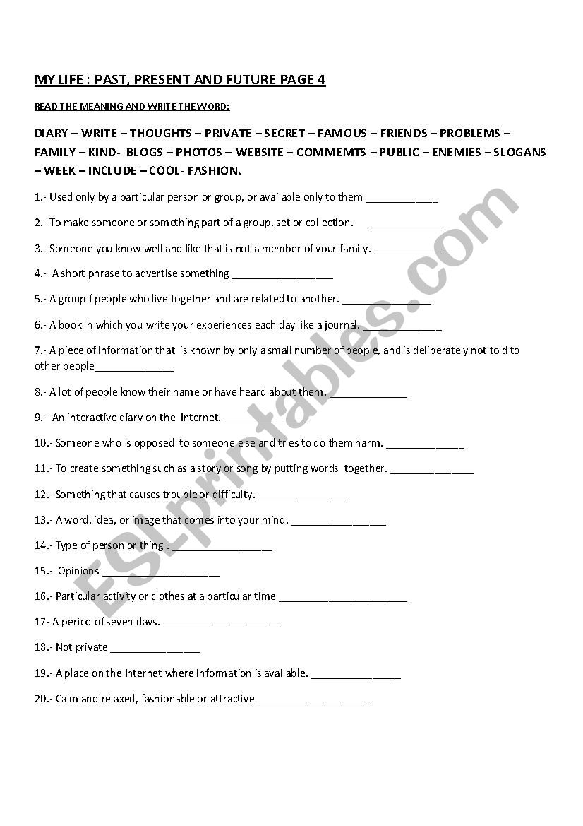 MY LIFE VOCABULARY worksheet