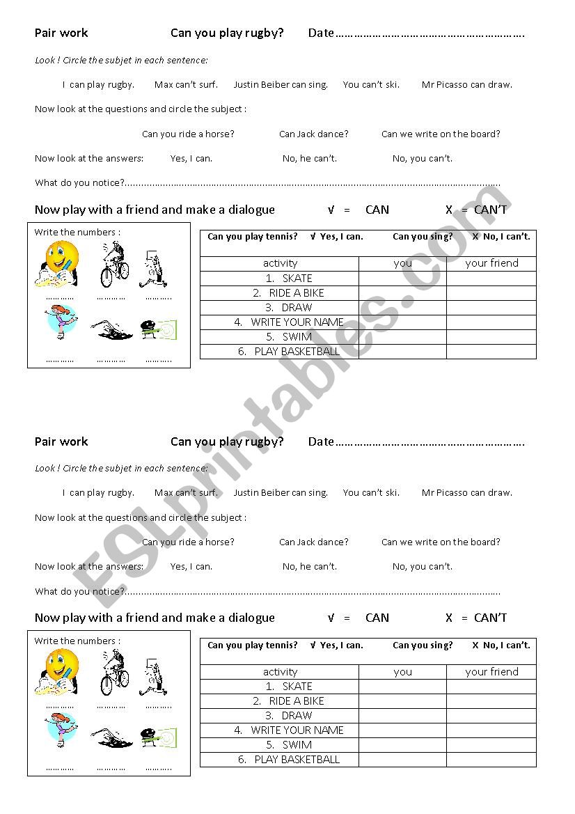 Can you play rugby? Pair work 