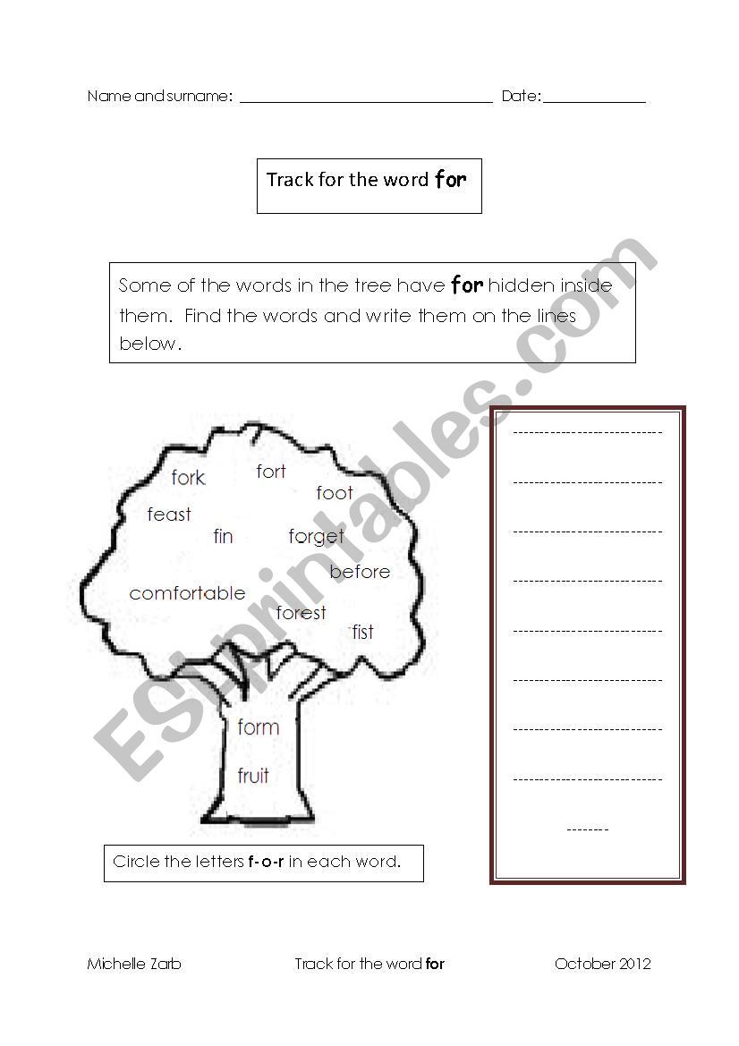 Tracking for the word for. worksheet