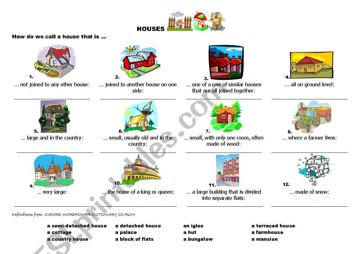 HOUSES - different types worksheet