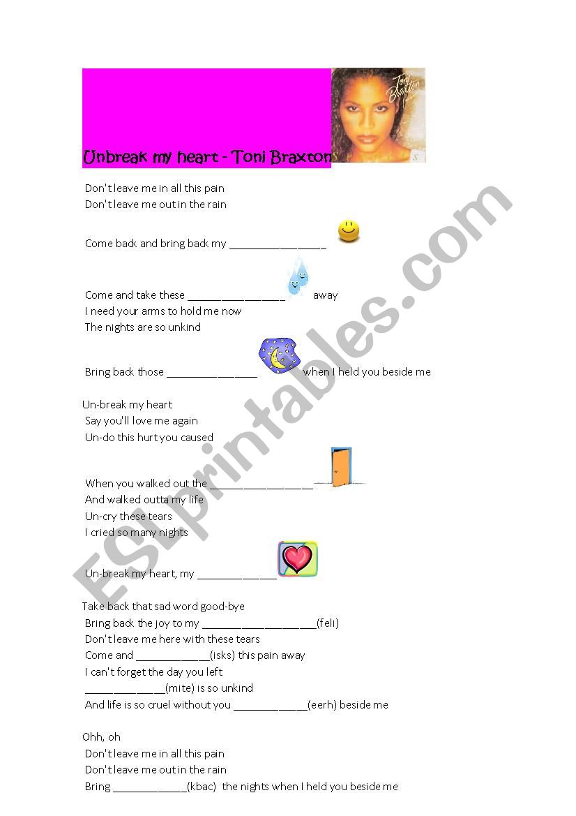 unbreak my heart worksheet