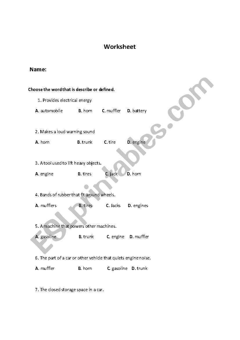 vocabulary about parts of cars 