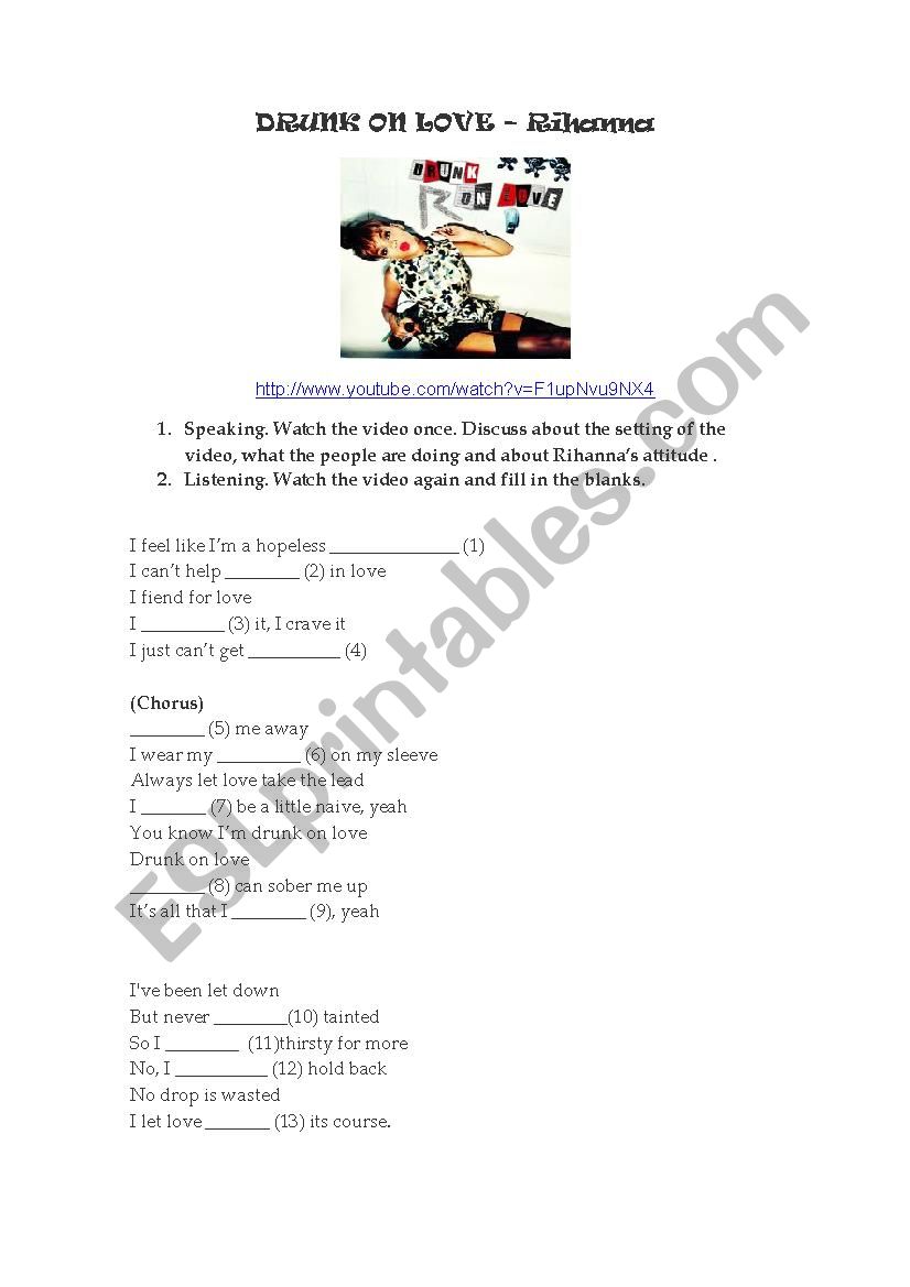 DRUNK ON LOVE Rihanna worksheet