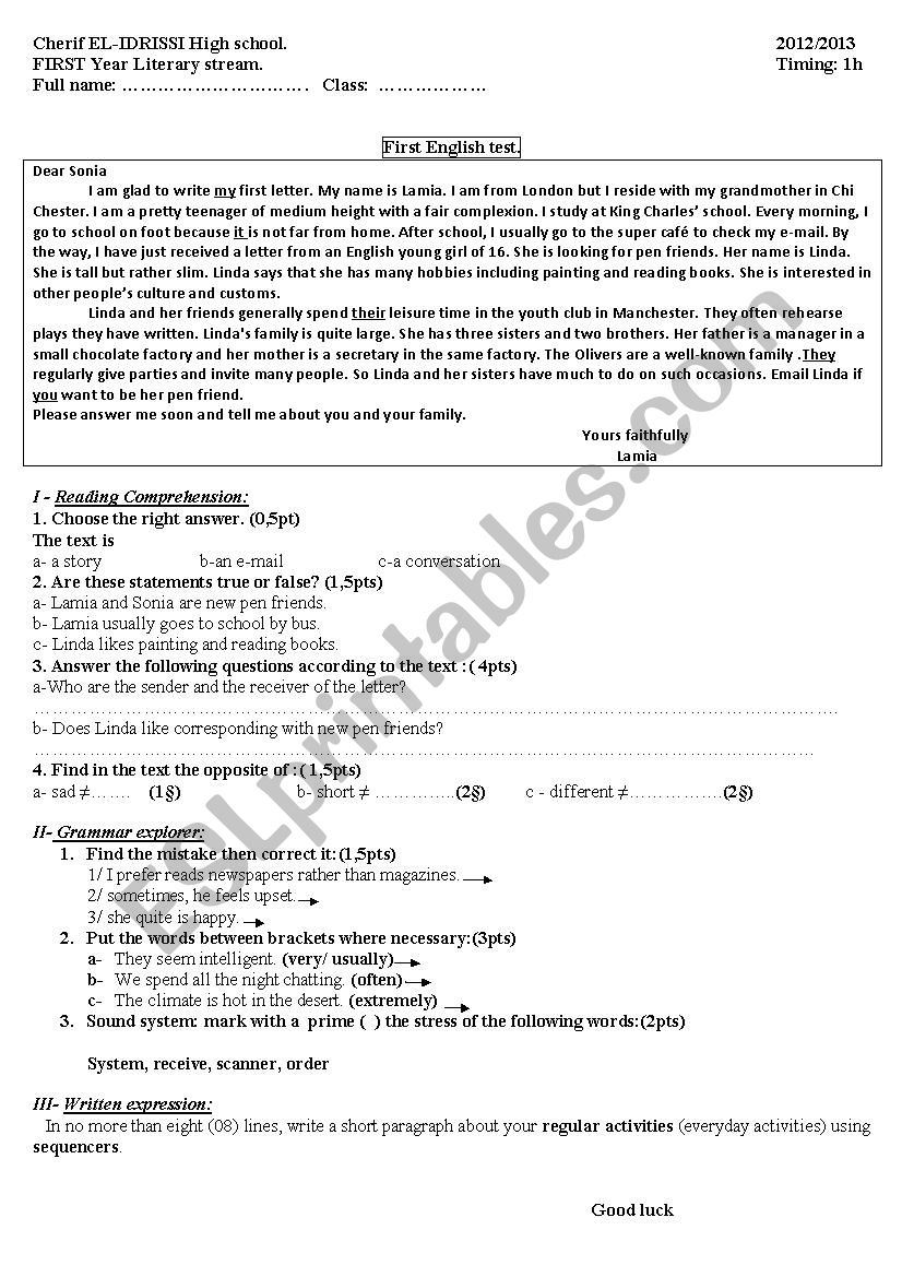 1st term test 1st year worksheet