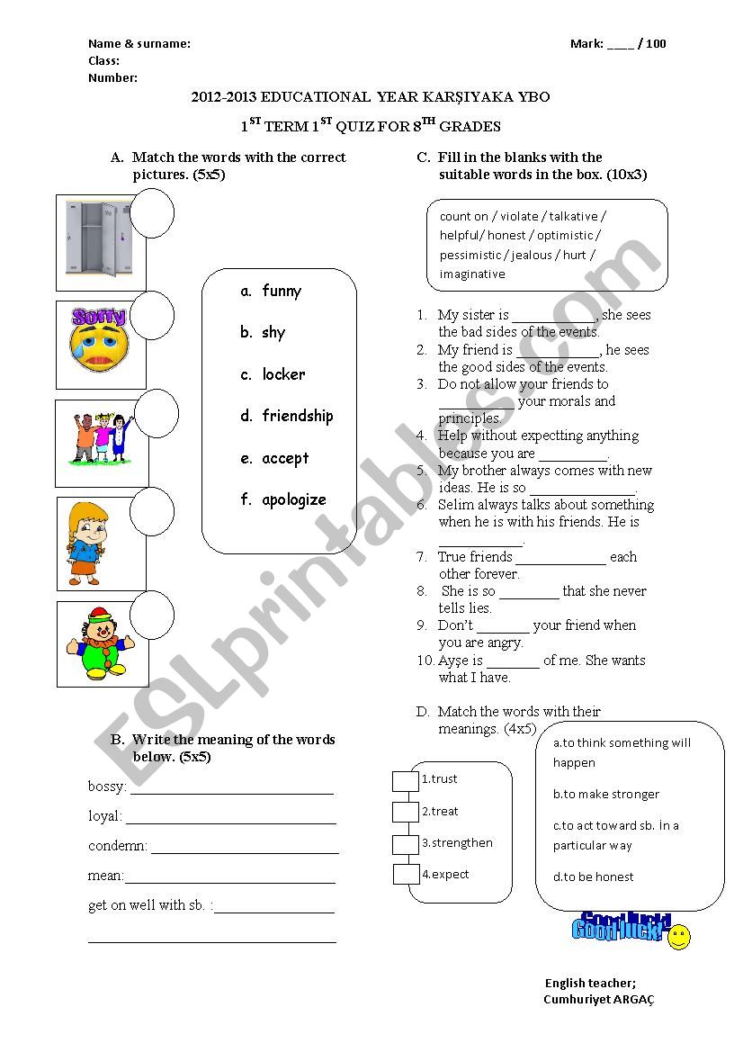 QUIZ FOR 8 GRADES worksheet