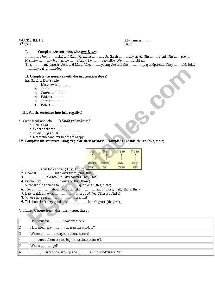Demontrative pronouns worksheet