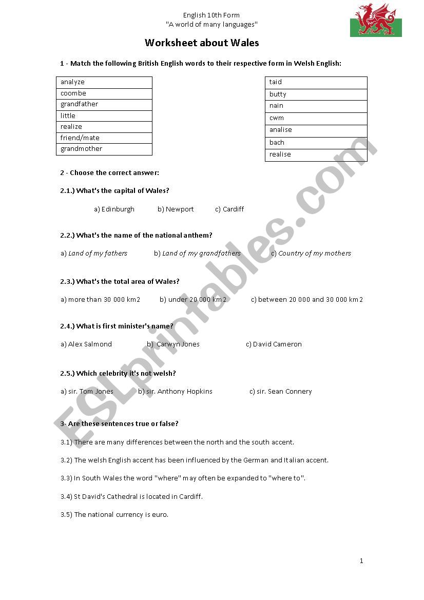 WELSH worksheet