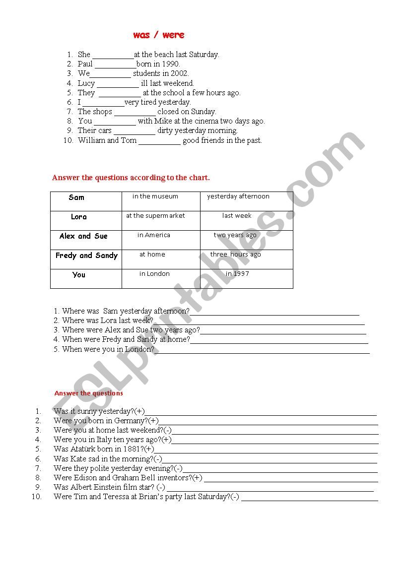 Simple past tense (was/were) worksheet