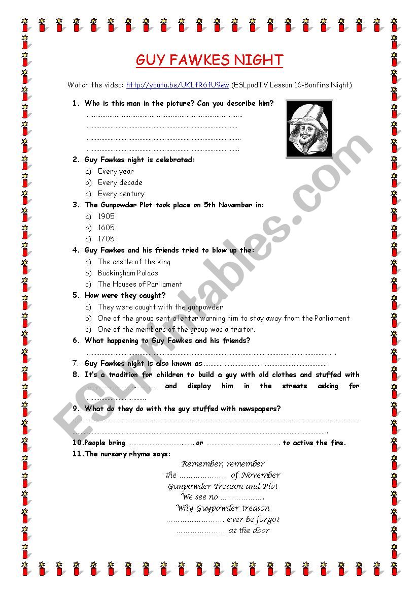 Guy fawkes. Bonfire Night worksheet