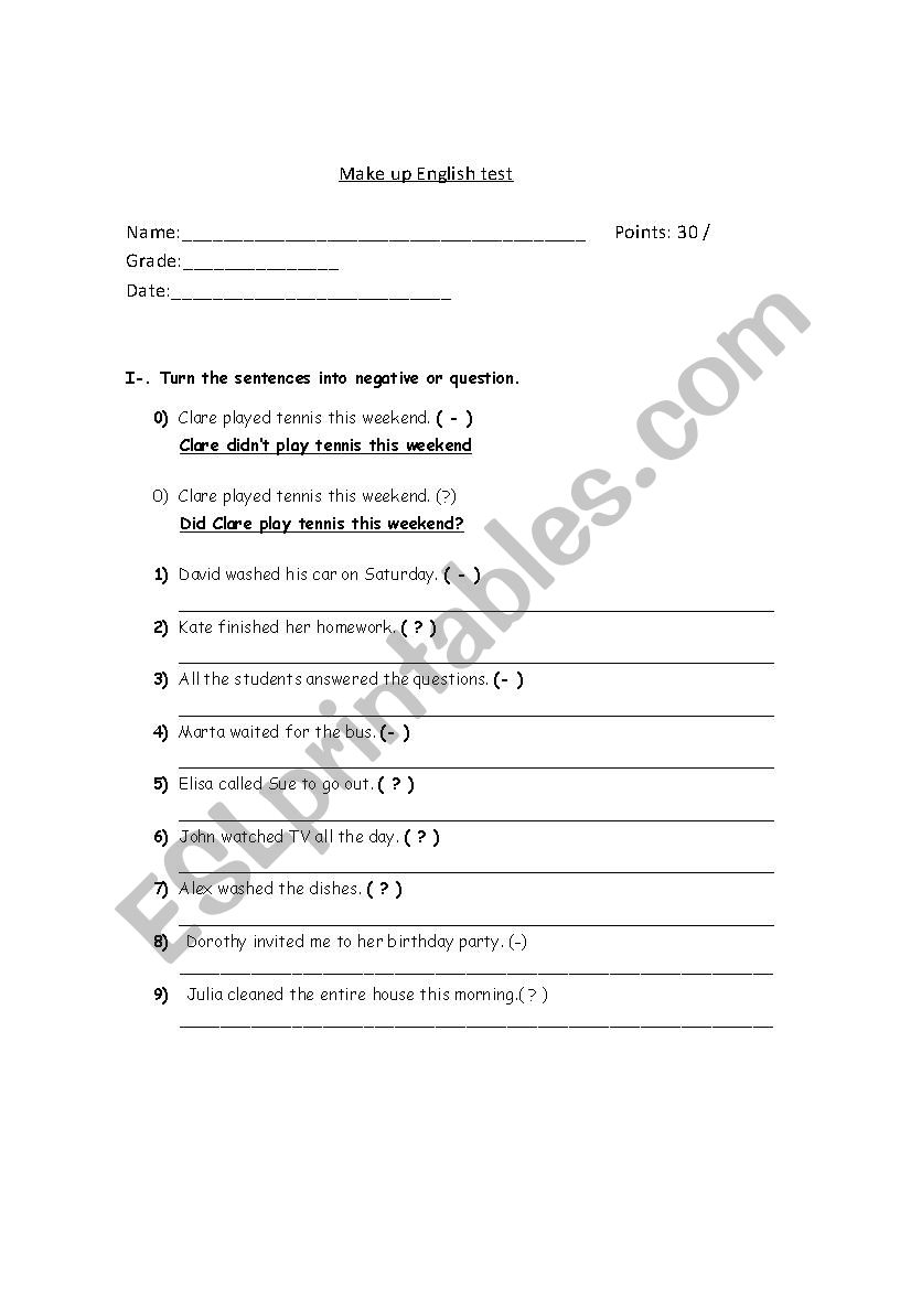 make up test worksheet