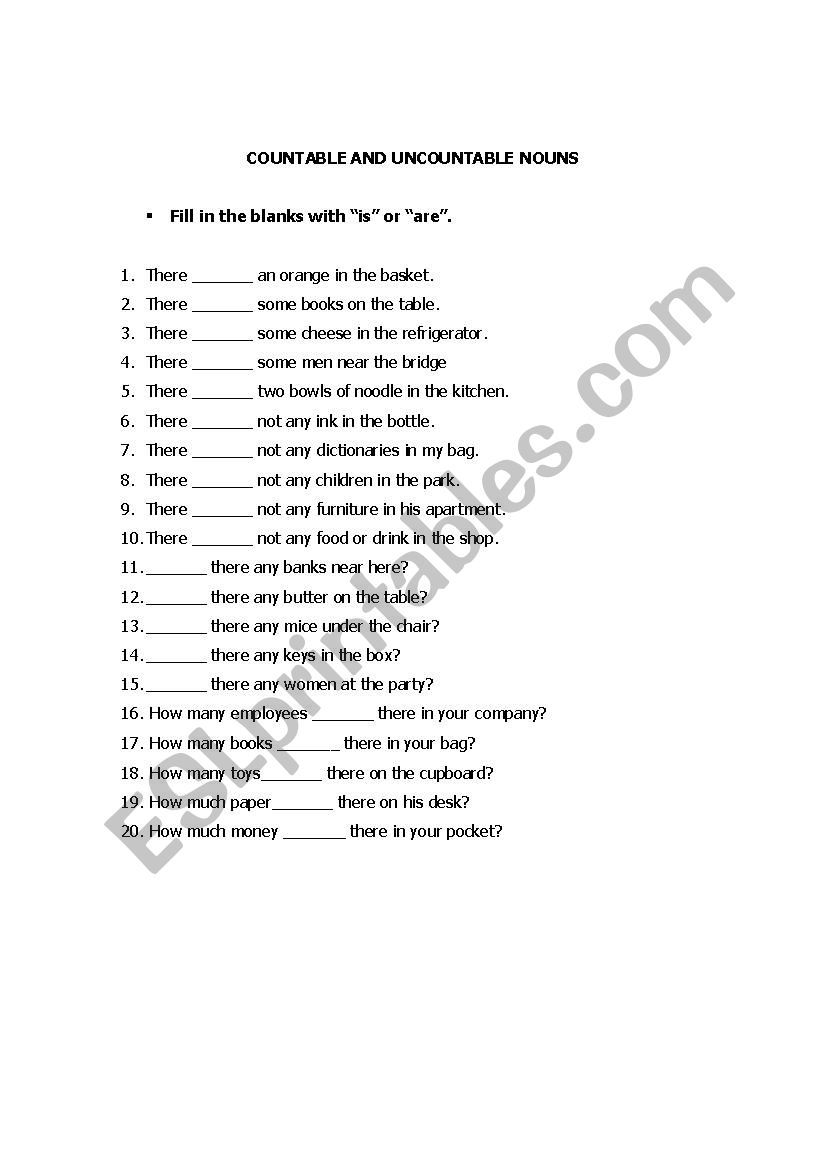 countable uncountable nouns worksheet