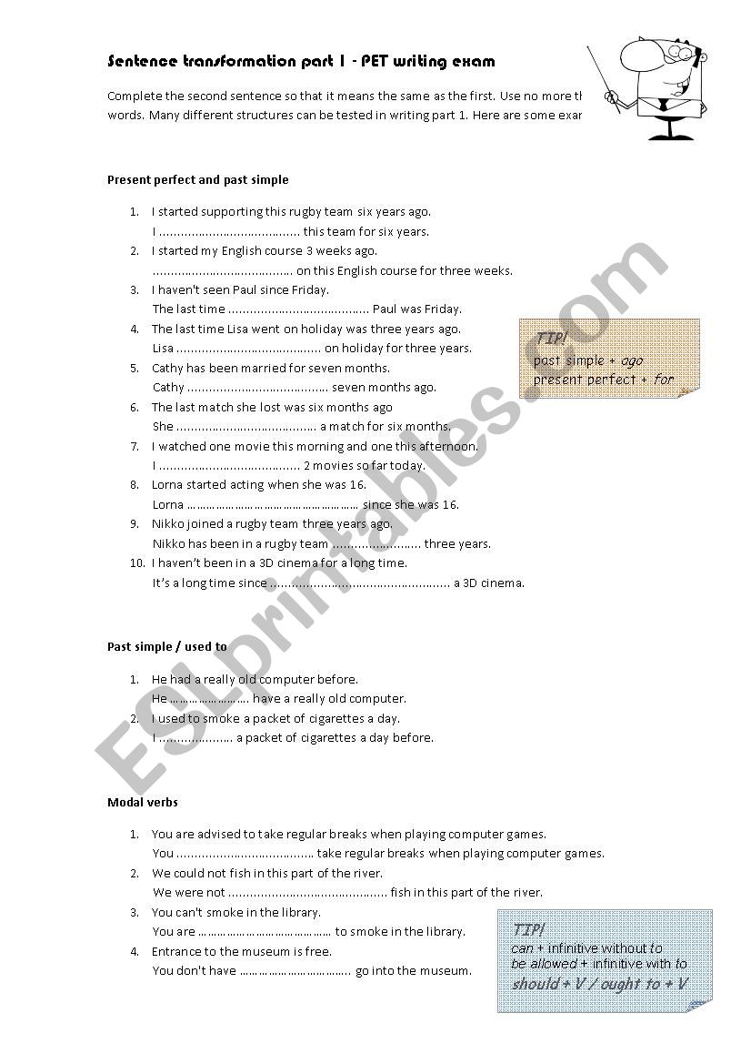 PET (preliminary English test) sentence transformation writing part