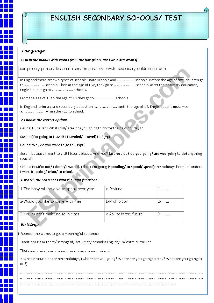 English Secondary Schools/ Test