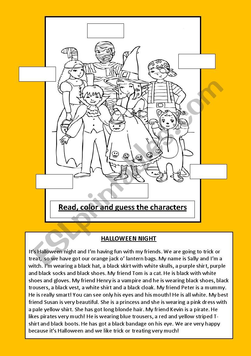 halloween night; read, color and guess the names of the children