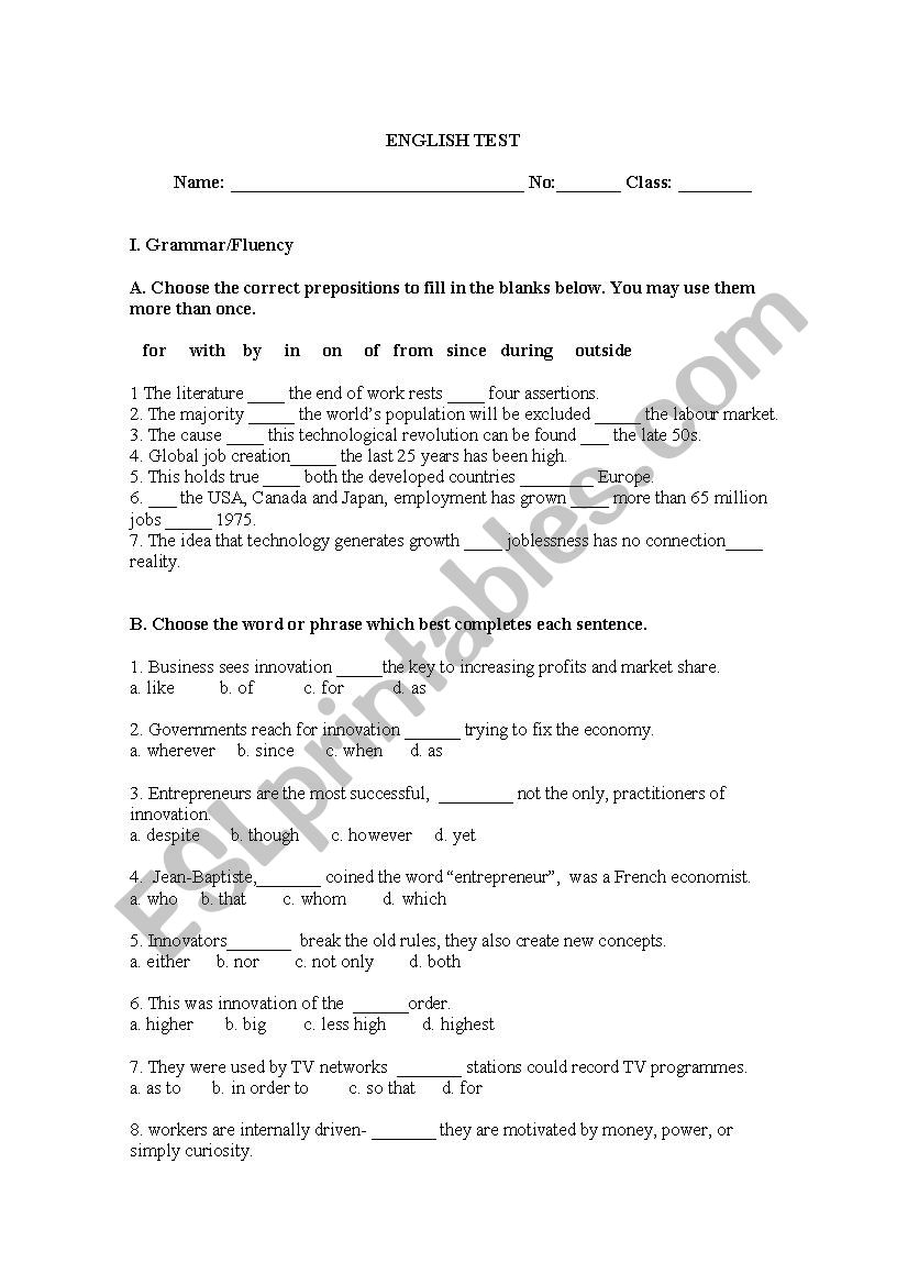 Test - 11th grade worksheet