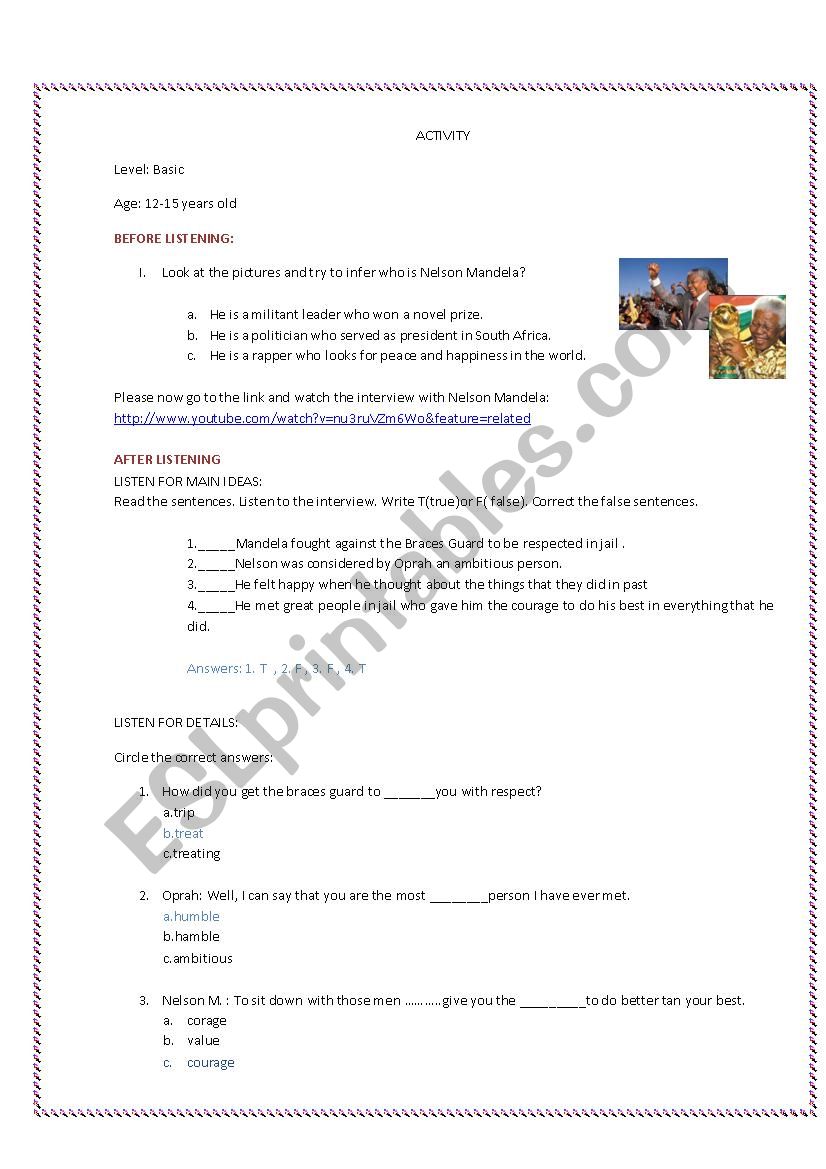 Nelson Mandela  interview  worksheet