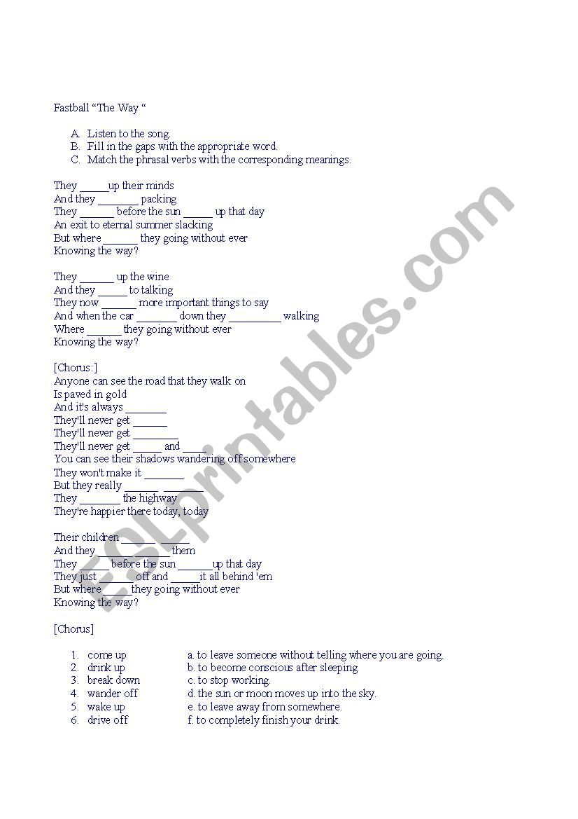 Song The Way (Fast Ball)   worksheet