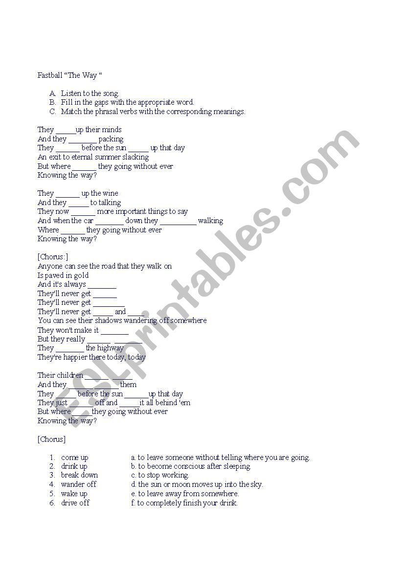 Song The Way (Fast Ball)   worksheet