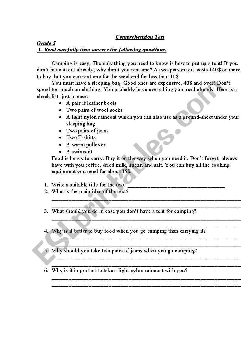 Camping worksheet